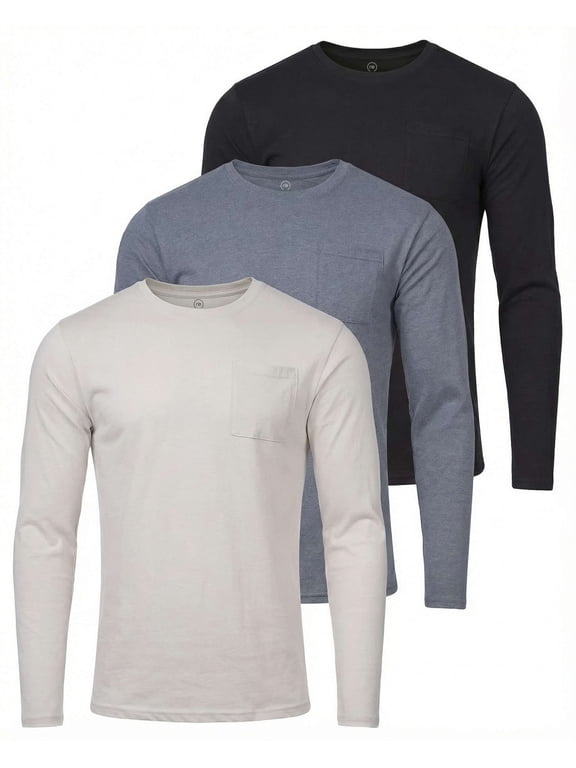 3 Pack Men's Cotton Long Sleeve Pocket T Shirts Crew Neck Athletic Workout
