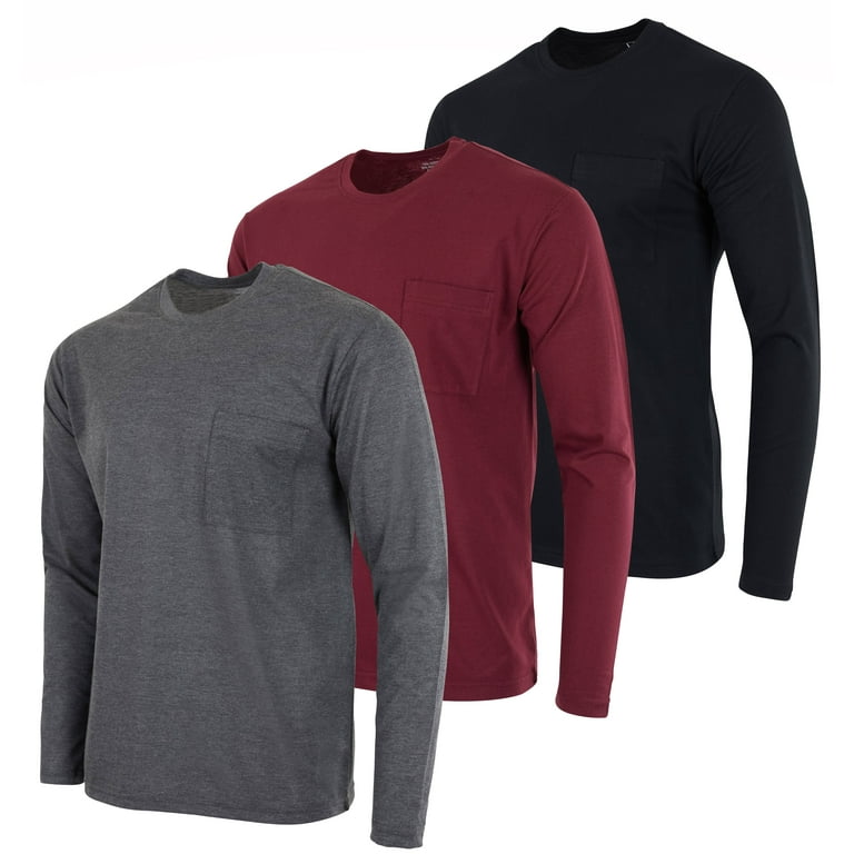 Real Essentials 3 Pack Men s Cotton Performance Long Sleeve Crew Neck Pocket T Shirt Athletic Top Available in Big Tall Walmart