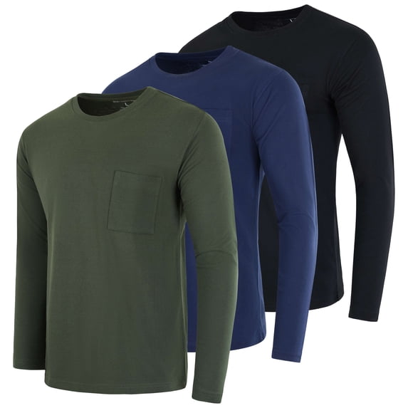 Real Essentials 3 Pack: Men's Cotton Long Sleeve Crew Neck T-Shirt with Pocket - Soft Work Casual Jersey Tees (Big & Tall)