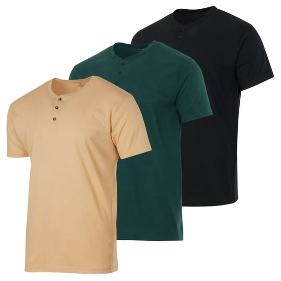 Real Essentials 3 Pack: Men's Cotton Short & Long Sleeve Henley T-Shirt Performance Activewear (Available In Big & Tall)
