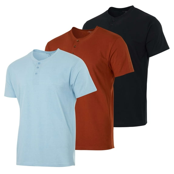 Real Essentials 3 Pack: Men's Cotton Short & Long Sleeve Henley T-Shirt Performance Activewear (Available In Big & Tall)