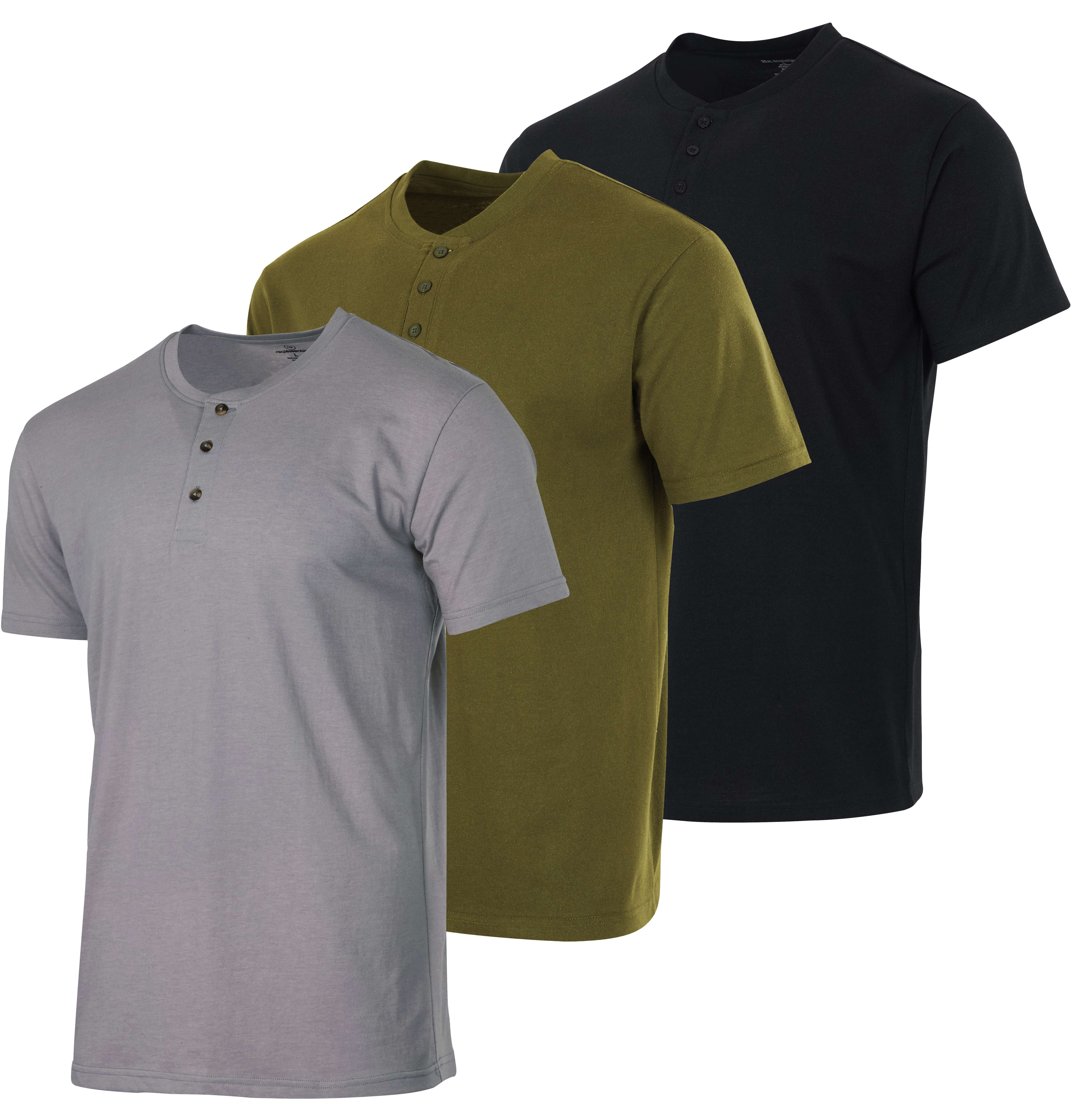 Real Essentials Men's 3-Pack Henley T-Shirts - Cotton Blend, Long & Short Sleeve For Casual & Active Wear