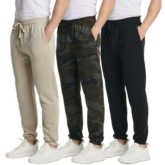 Real Essentials 3 Pack: Men's Fleece Elastic Bottom Jogger Sweatpants with Pockets (Available In Big & Tall)