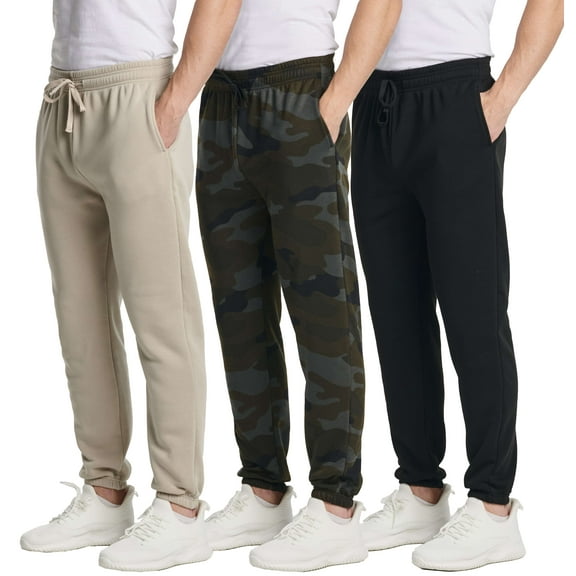 Real Essentials 3 Pack: Men's Fleece Elastic Bottom Jogger Sweatpants with Pockets (Available In Big & Tall)