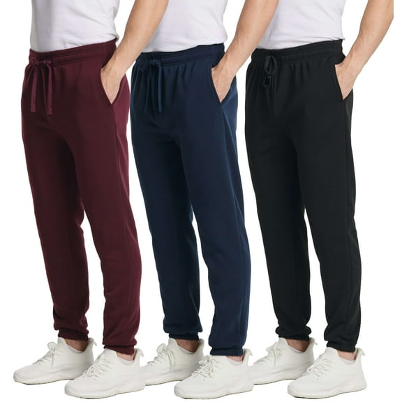 Real Essentials 3 Pack: Men's Fleece Elastic Bottom Jogger Sweatpants with Pockets (Available In Big & Tall)