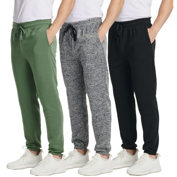 Real Essentials 3 Pack: Men's Fleece Elastic Bottom Jogger Sweatpants with Pockets (Available In Big & Tall)