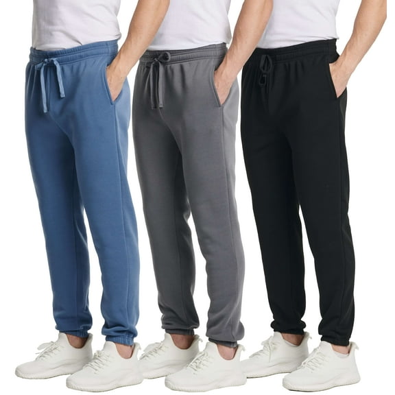 Real Essentials 3 Pack: Men's Fleece Elastic Bottom Jogger Sweatpants with Pockets (Available In Big & Tall)