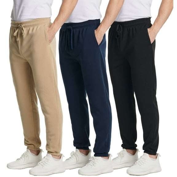 Real Essentials 3 Pack: Men's Fleece Elastic Bottom Jogger Sweatpants with Pockets (Available In Big & Tall)