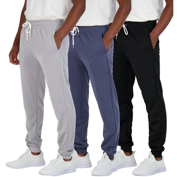 Real Essentials 3 Pack: Men's French Terry Fleece Active Casual Jogger Sweatpants with Pockets (Available in Big & Tall)