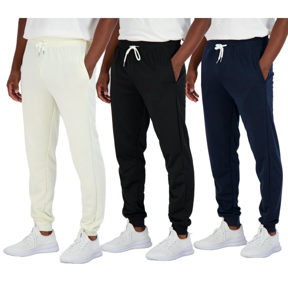 Real Essentials 3 Pack: Men's French Terry Fleece Active Casual Jogger Sweatpants with Pockets (Available in Big & Tall)
