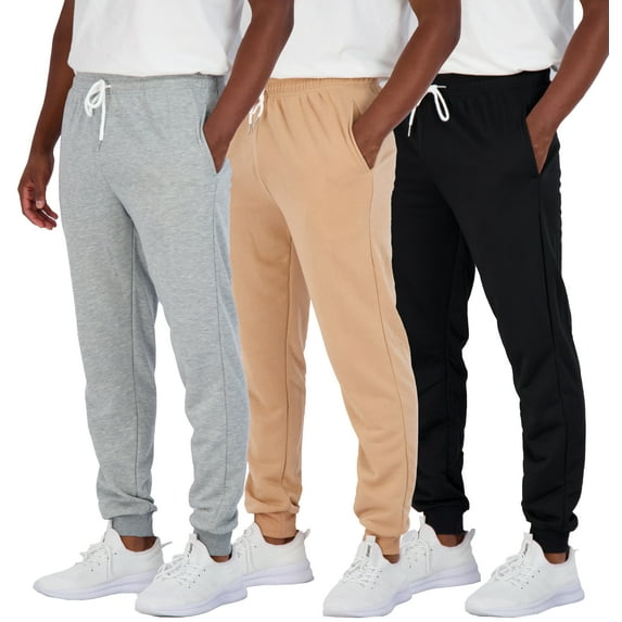 Real Essentials 3 Pack: Men's French Terry Fleece Active Casual Jogger Sweatpants with Pockets (Available in Big & Tall)