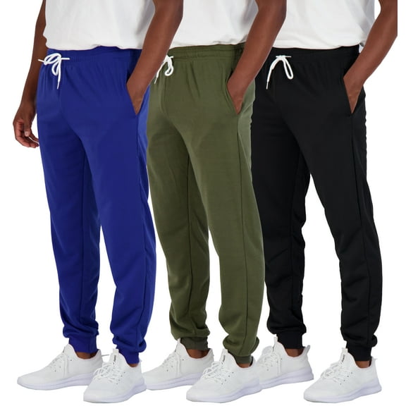 Real Essentials 3 Pack: Men's French Terry Fleece Active Casual Jogger Sweatpants with Pockets (Available in Big & Tall)