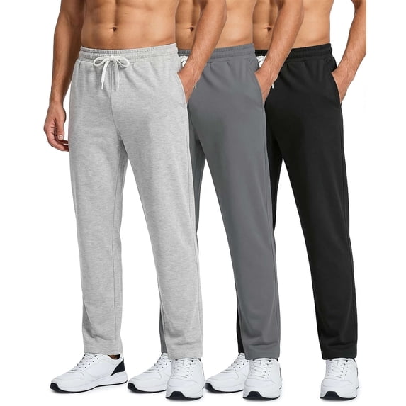 Real Essentials 3 Pack: Men's French Terry Open Bottom Sweatpants - Casual Lounge Comfort Gym with Pockets