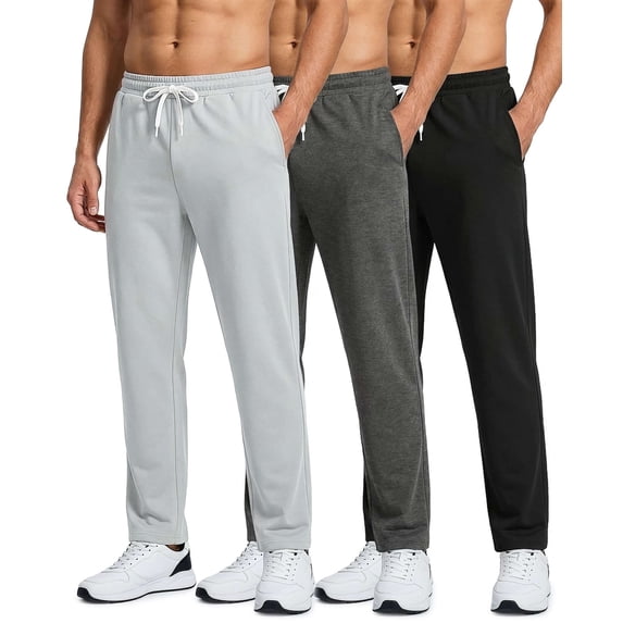 Real Essentials 3 Pack: Men's French Terry Open Bottom Sweatpants - Casual Lounge Comfort Gym with Pockets
