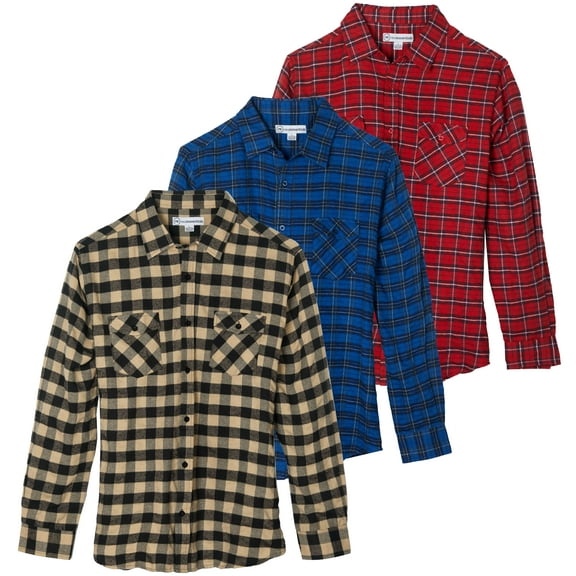 Real Essentials 3 Pack: Men's Long-Sleeve Flannel Button Down Plaid Casual Shirt (Available in Big & Tall)