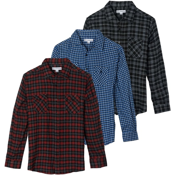 Real Essentials 3 Pack: Men's Long-Sleeve Flannel Button Down Plaid Casual Shirt (Available in Big & Tall)