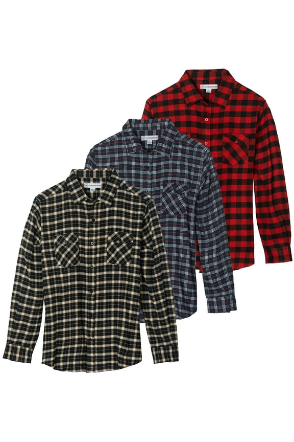 3 Pack: Men's Long-Sleeve Flannel Button Down Plaid Casual Shirt (Available in Big & Tall)