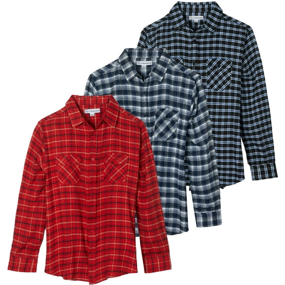 Real Essentials 3 Pack: Men's Long-Sleeve Flannel Button Down Plaid Casual Shirt (Available in Big & Tall)