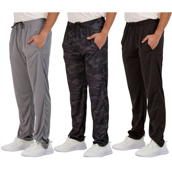 Real Essentials 3 Pack: Men's Mesh Athletic Gym Workout Lounge Open Bottom Sweatpants with Pockets (Available In Big & Tall)