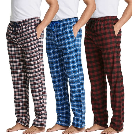 Real Essentials 3 Pack: Men's Pajama Pants - Knit Cotton Flannel Plaid Lounge Bottoms- Button Fly (Available In Big & Tall)