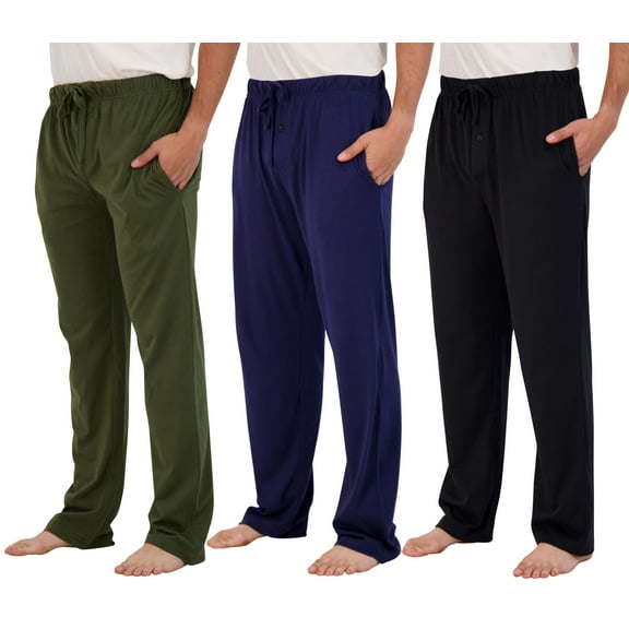 Real Essentials 3 Pack: Men's Pajama Pants - Knit Cotton Flannel Plaid Lounge Bottoms- Button Fly (Available In Big & Tall)