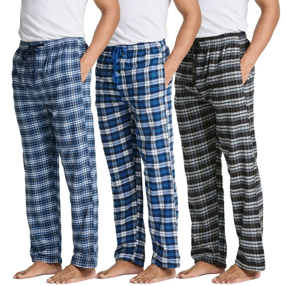 Real Essentials 3 Pack: Men's Pajama Pants - Knit Cotton Flannel Plaid Lounge Bottoms- Button Fly (Available In Big & Tall)