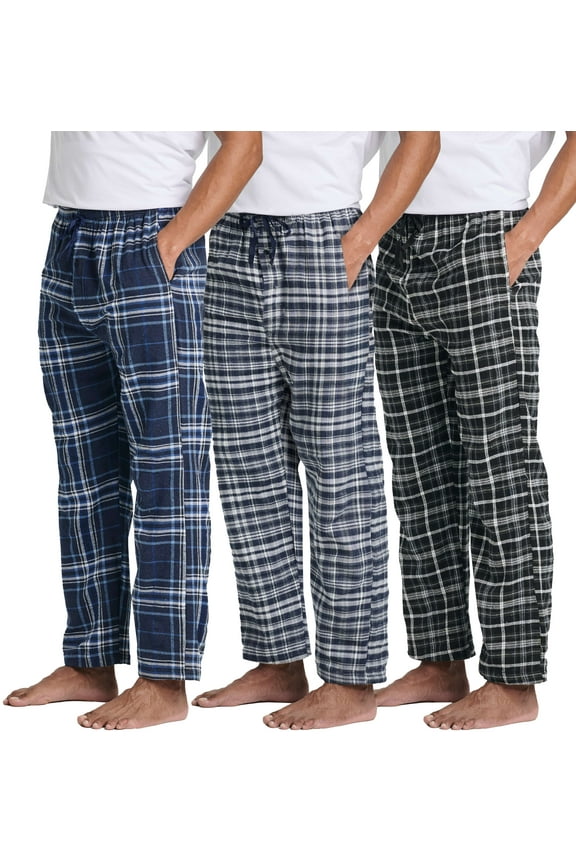 3 Pack: Men's Pajama Pants - Knit Cotton Flannel Plaid Lounge Bottoms- Button Fly (Available In Big & Tall)