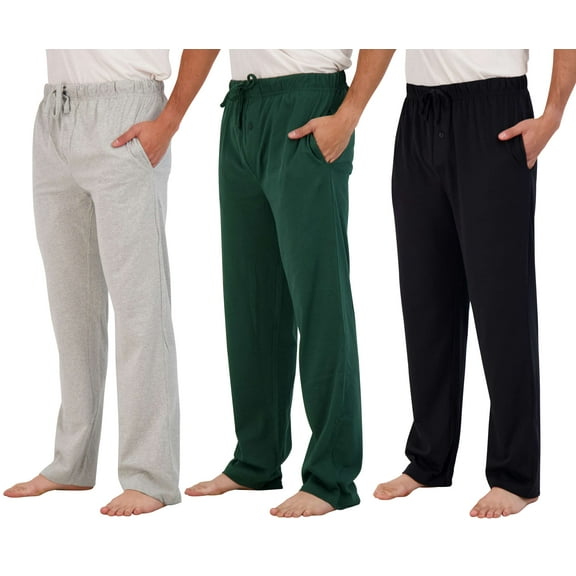 Real Essentials 3 Pack: Men's Pajama Pants - Knit Cotton Flannel Plaid Lounge Bottoms- Button Fly (Available In Big & Tall)