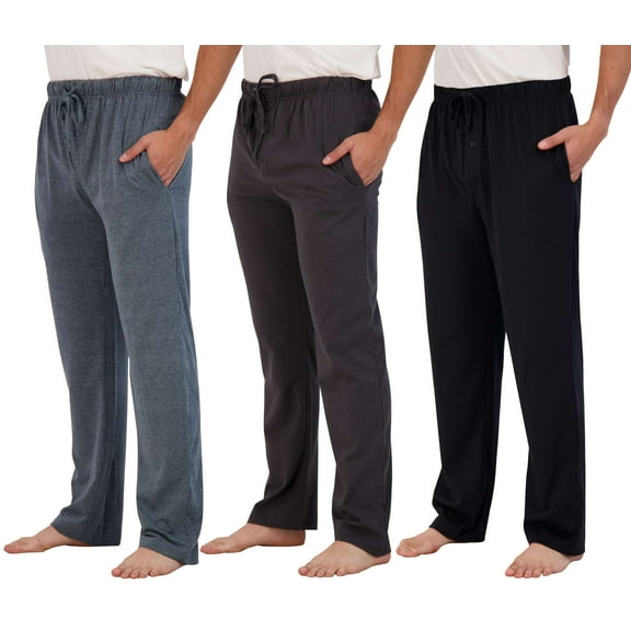 Real Essentials 3 Pack: Men's Pajama Pants - Knit Cotton Flannel Plaid Lounge Bottoms- Button Fly (Available In Big & Tall)
