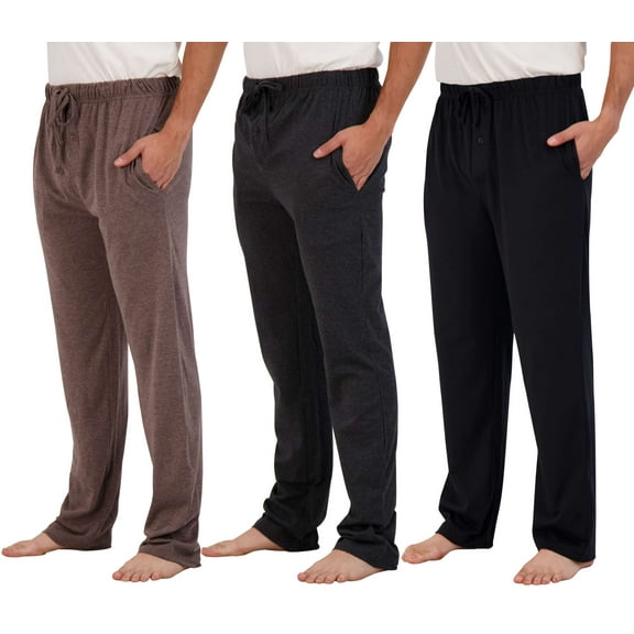 Real Essentials 3 Pack: Men's Pajama Pants - Knit Cotton Flannel Plaid Lounge Bottoms- Button Fly (Available In Big & Tall)
