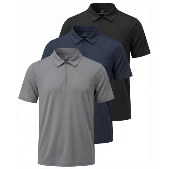 Real Essentials 3 Pack: Men's Polo Shirts Zipper Short Sleeve Dry Fit Quarter Zip Golf Athletic Workout Gym Collared