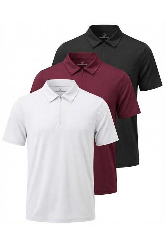 3 Pack: Men's Polo Shirts Zipper Short Sleeve Dry Fit Quarter Zip Golf Athletic Workout Gym Collared