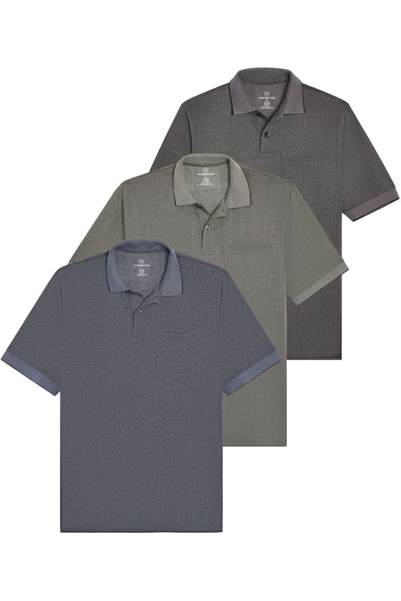 3 Pack: Men's Ribbed CVC SS Polo Shirt With Pocket - Breathable Performance Polo (Available in Big & Tall)