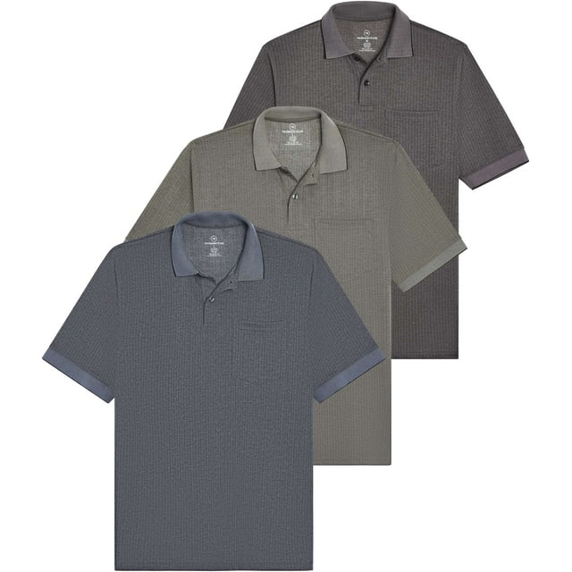 Real Essentials 3 Pack: Men's Ribbed CVC SS Polo Shirt With Pocket - Breathable Performance Polo (Available in Big & Tall)
