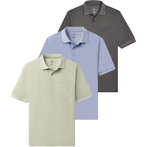 Real Essentials 3 Pack: Men's Ribbed CVC SS Polo Shirt With Pocket - Breathable Performance Polo (Available in Big & Tall)
