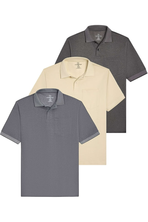 3 Pack: Men's Ribbed CVC SS Polo Shirt With Pocket - Breathable Performance Polo (Available in Big & Tall)