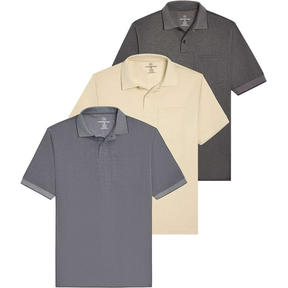 Real Essentials 3 Pack: Men's Ribbed CVC SS Polo Shirt With Pocket - Breathable Performance Polo (Available in Big & Tall)