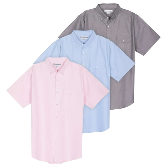 Real Essentials 3 Pack Men's Short-Sleeve Oxford Solid Button Down Collar Casual Shirts with Pocket (Available in Big & Tall)