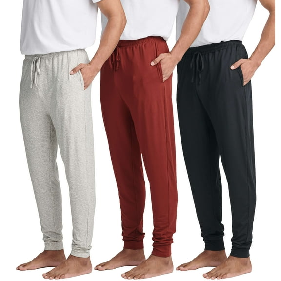 Real Essentials 3 Pack: Men's Soft Lounge Sleep Joggers - Pajama Pants Drawstring & Pockets (Available in Big & Tall)