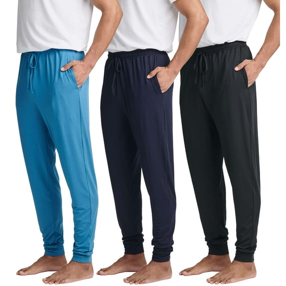 Real Essentials 3 Pack: Men's Soft Lounge Sleep Joggers - Pajama Pants Drawstring & Pockets (Available in Big & Tall)