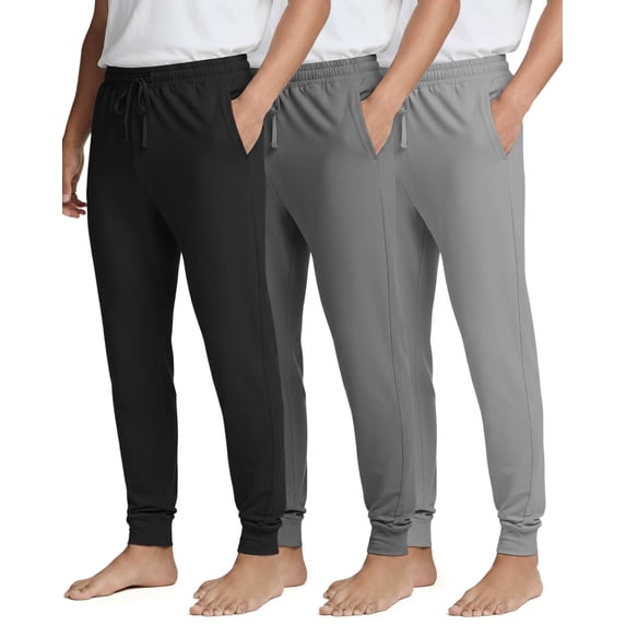 Real Essentials 3 Pack: Men's Soft Lounge Sleep Joggers - Pajama Pants Drawstring & Pockets (Available in Big & Tall)