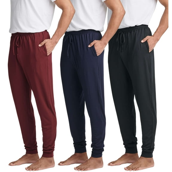 Real Essentials 3 Pack: Men's Soft Lounge Sleep Joggers - Pajama Pants Drawstring & Pockets (Available in Big & Tall)