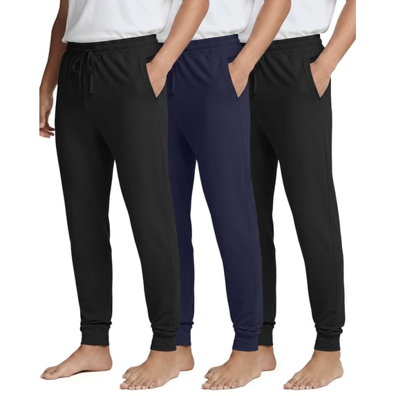 Real Essentials 3 Pack: Men's Soft Lounge Sleep Joggers - Pajama Pants Drawstring & Pockets (Available in Big & Tall)
