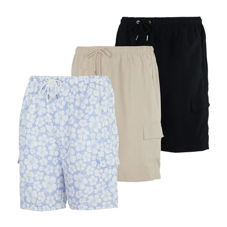 Real Essentials 3 Pack: Men's Swim Trunks with Cargo Pockets & Mesh Lining (Available in Big & Tall)