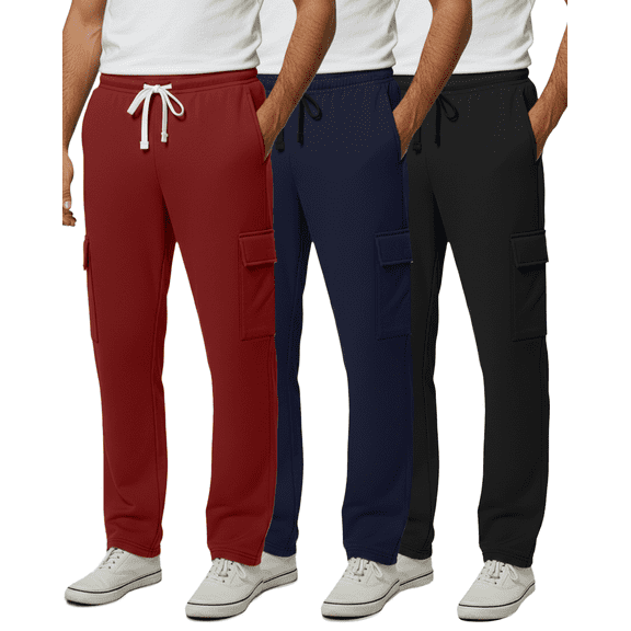 Real Essentials 3 Pack: Men's Tech Fleece Open Bottom Cargo Sweatpants with Pockets (Available In Big & Tall)