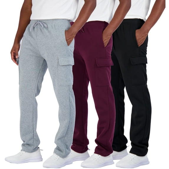 Real Essentials 3 Pack: Men's Tech Fleece Active Athletic Casual Open Bottom Cargo Sweatpants with Pockets
