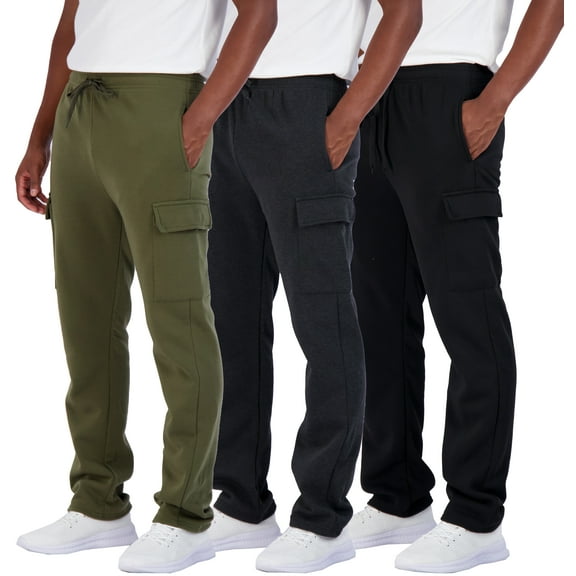 Real Essentials 3 Pack: Men's Tech Fleece Active Athletic Casual Open Bottom Cargo Sweatpants with Pockets