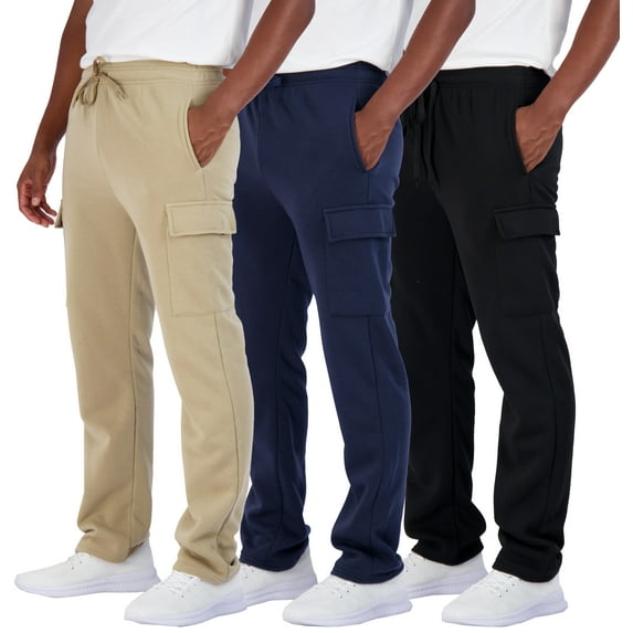 Real Essentials 3 Pack: Men's Tech Fleece Open Bottom Cargo Sweatpants with Pockets (Available In Big & Tall)