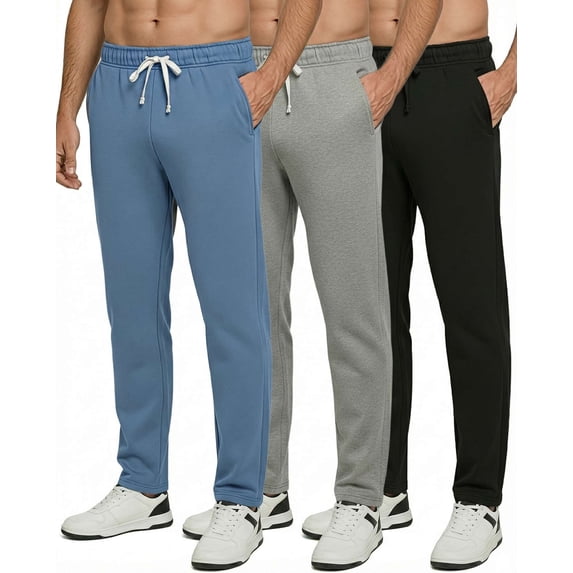 Real Essentials 3 Pack: Men's Tech Fleece Athletic Casual Open Bottom Sweatpants with Pockets (Available In Big & Tall)