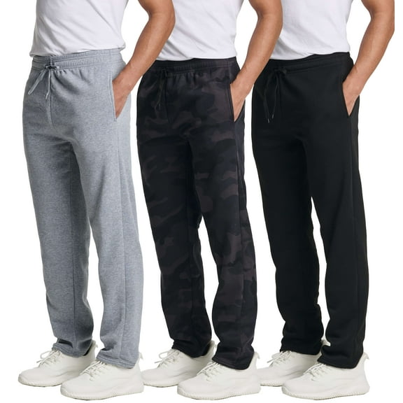 Real Essentials 3 Pack: Men's Tech Fleece Athletic Casual Open Bottom Sweatpants with Pockets (Available In Big & Tall)